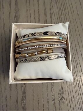Gold and Taupe Multi-Row Wrap Bracelet with Rhinestone Accents